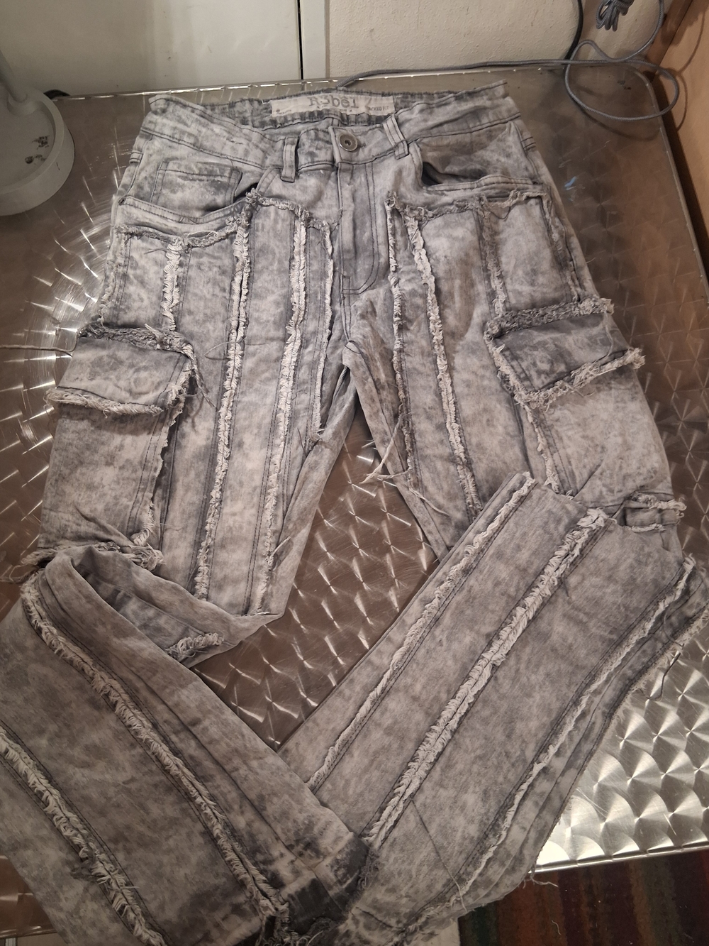NEW Men's R3BEL Distressed Gray Cargo Jeans